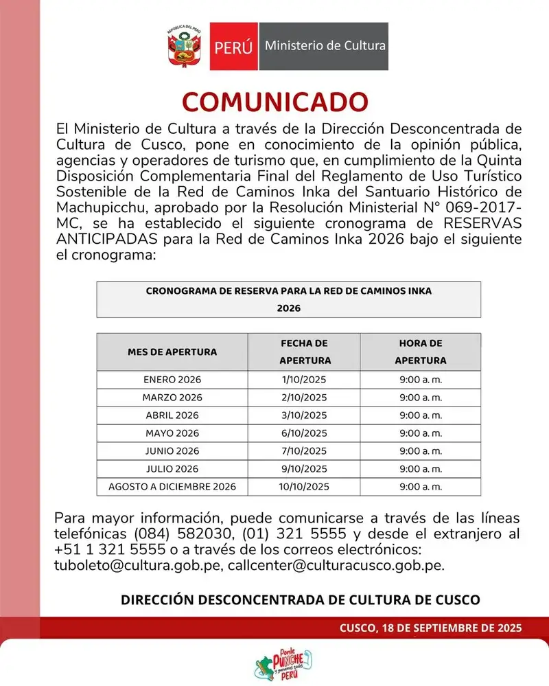 Inca Trail Reservation Schedule 2026