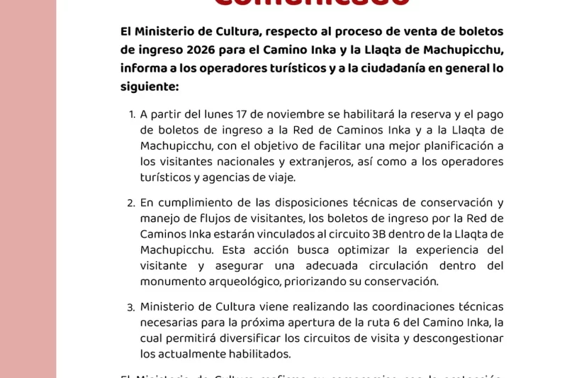 Apertura de Boletos para el Camino Inca 2026
