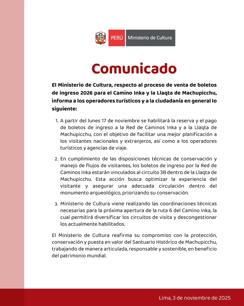 Apertura de Boletos del Camino Inca 2026