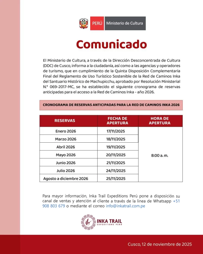 Inca Trail 2026 Official Reservation Schedule