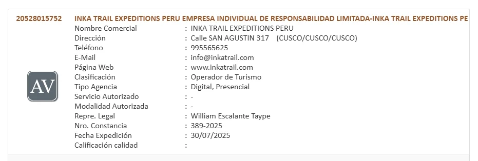 INKA TRAIL mincetur certificate
